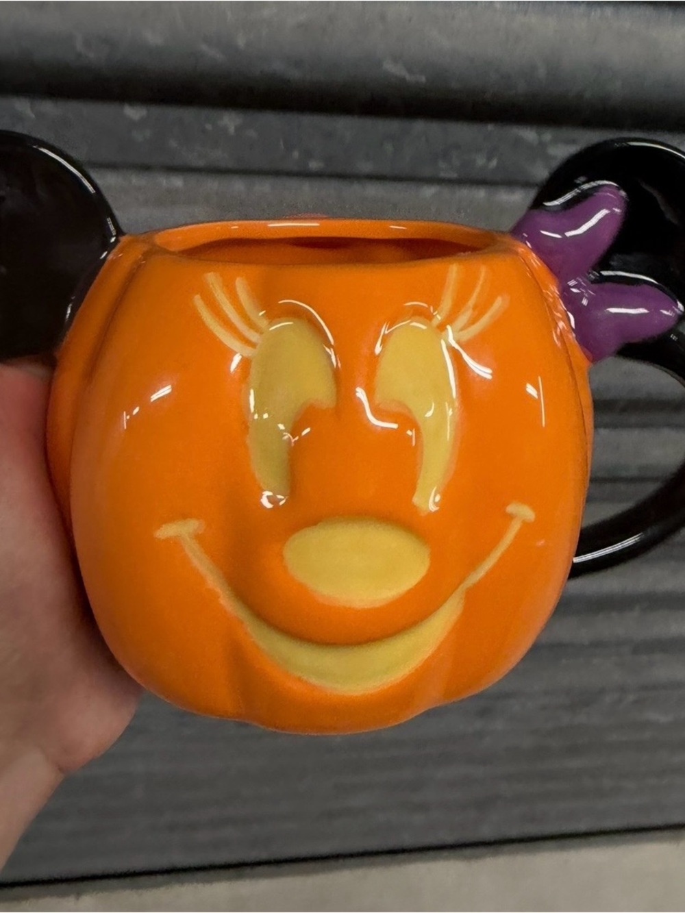 Disney Orange Pumpkin Minnie Mug with Black Handle and Purple Bow